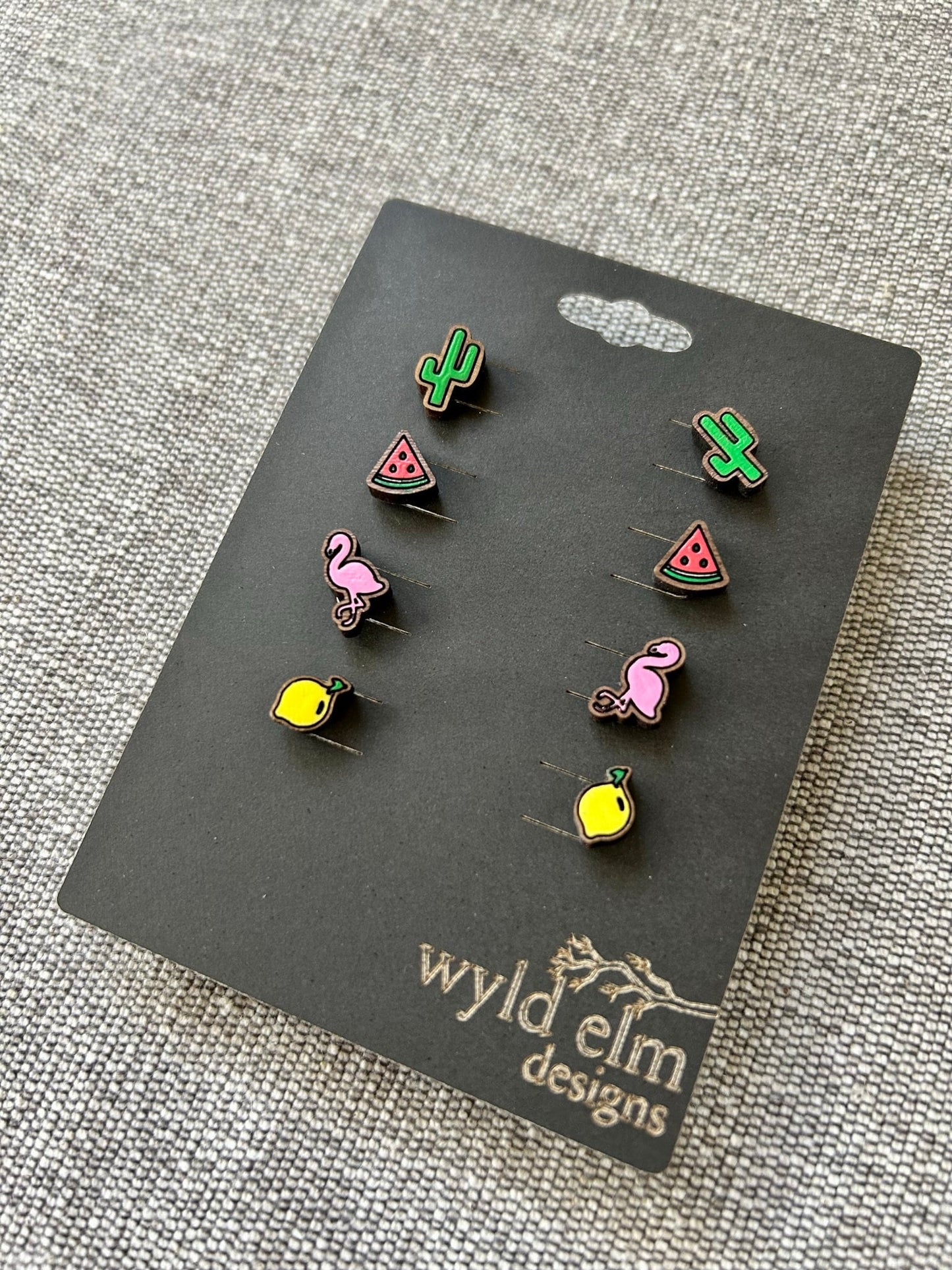 Walnut Wood Stud Earrings - Fun Pack - Lightweight Minimalist Hypoallergenic Earrings - Tiny Hand Painted Design