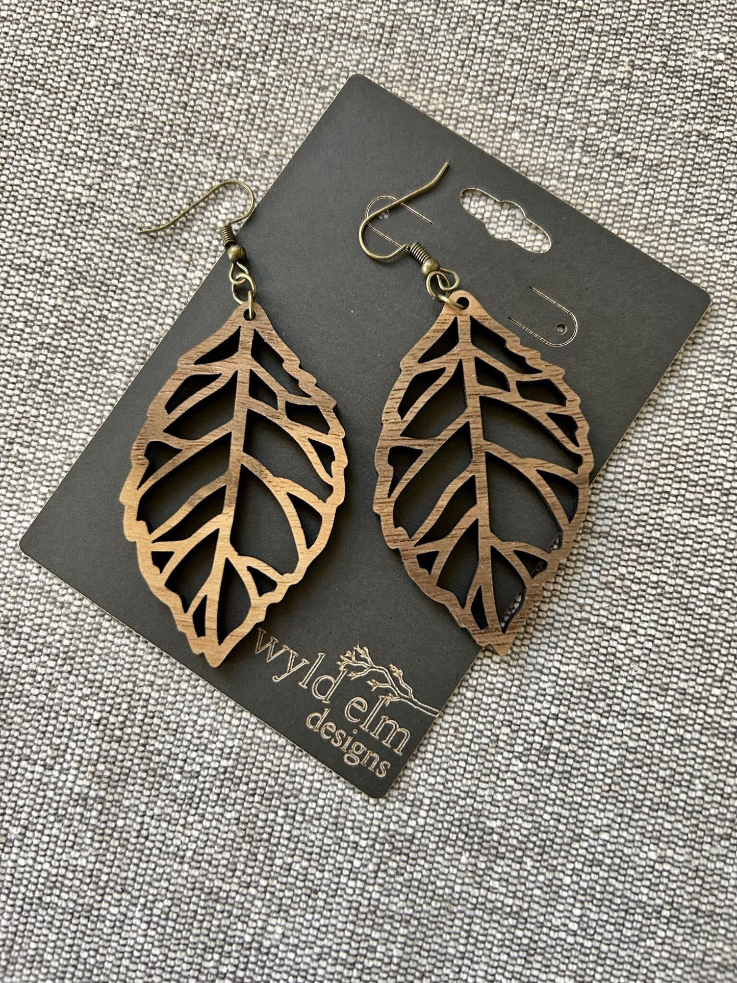 Leaf Cut-Out Walnut Wood Earrings