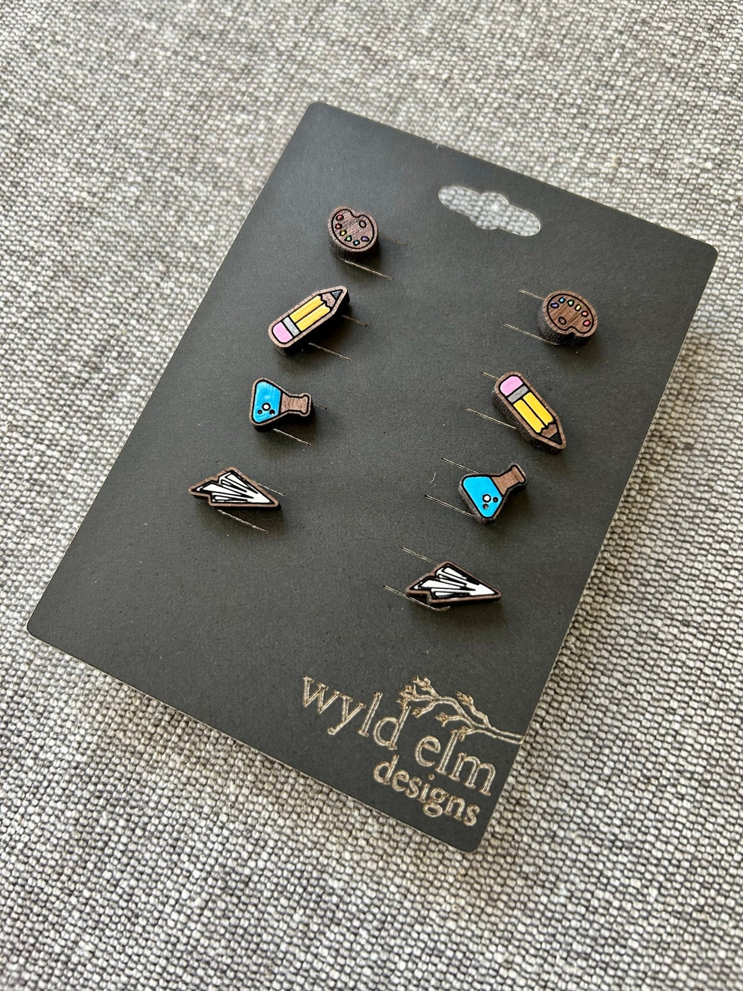 Walnut Wood Stud Earrings - School Pack - Lightweight Minimalist Hypoallergenic Earrings - Tiny Hand Painted Design