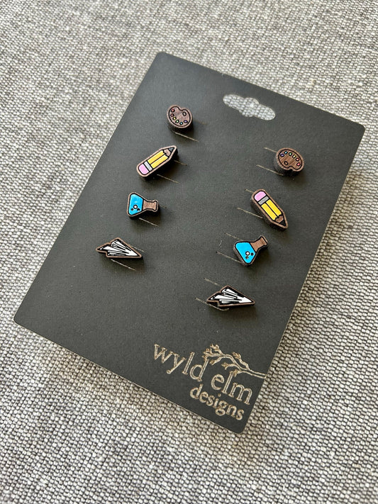 Walnut Wood Stud Earrings - School Pack - Lightweight Minimalist Hypoallergenic Earrings - Tiny Hand Painted Design