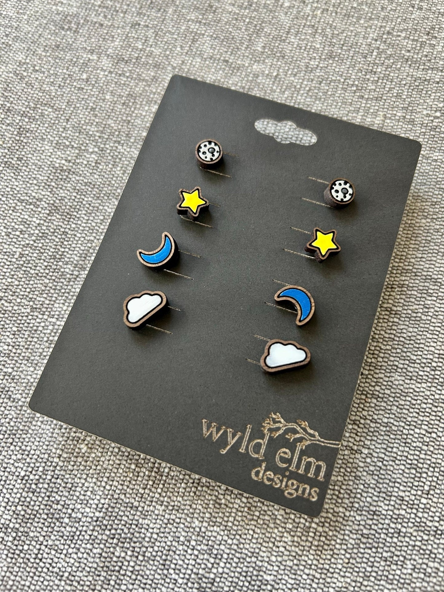 Walnut Wood Stud Earrings - Lunar Pack - Lightweight Minimalist Hypoallergenic Earrings - Tiny Hand Painted Design