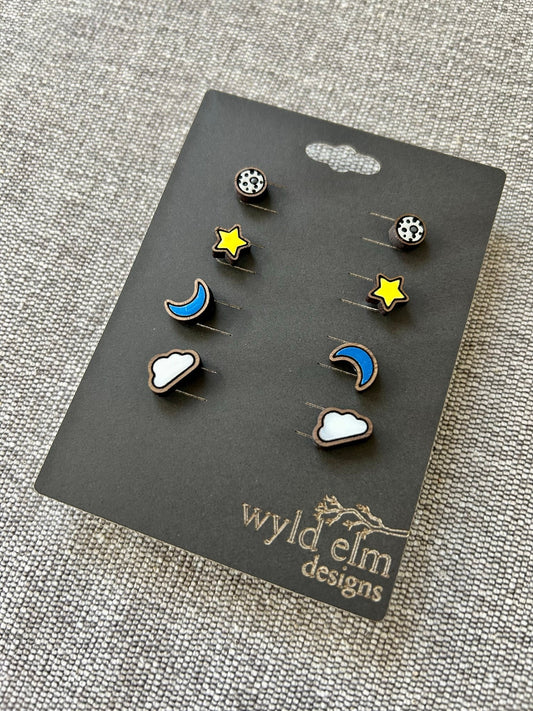 Walnut Wood Stud Earrings - Lunar Pack - Lightweight Minimalist Hypoallergenic Earrings - Tiny Hand Painted Design