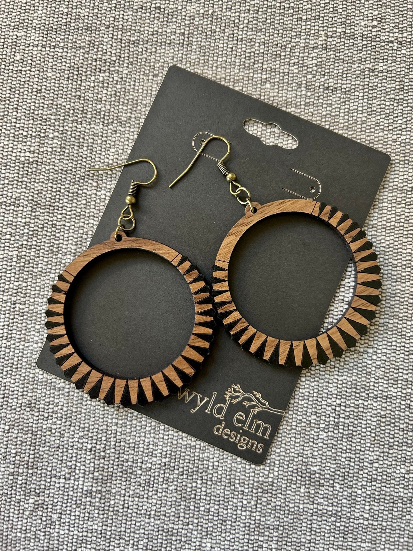 Black Diamond Hoop Walnut Wood Earrings