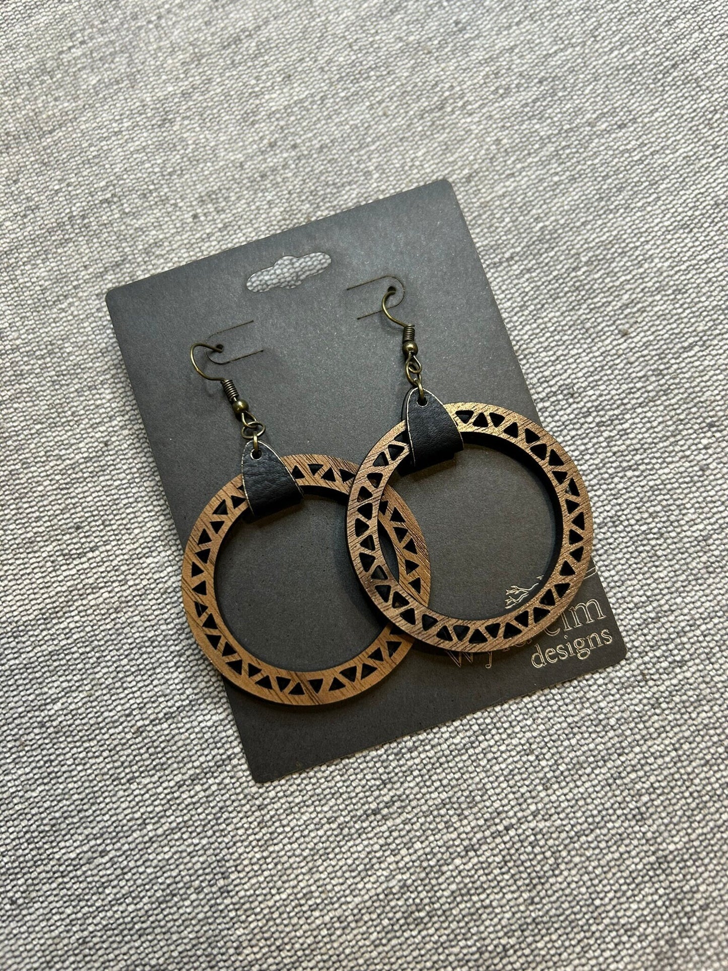 Triangle Hoop with Leather Jump Walnut Wood Earrings