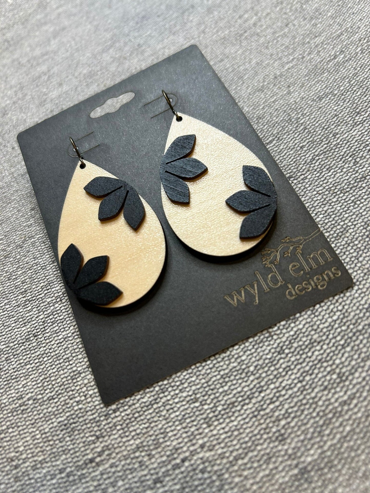 Floral Teardrop Walnut Wood Earrings