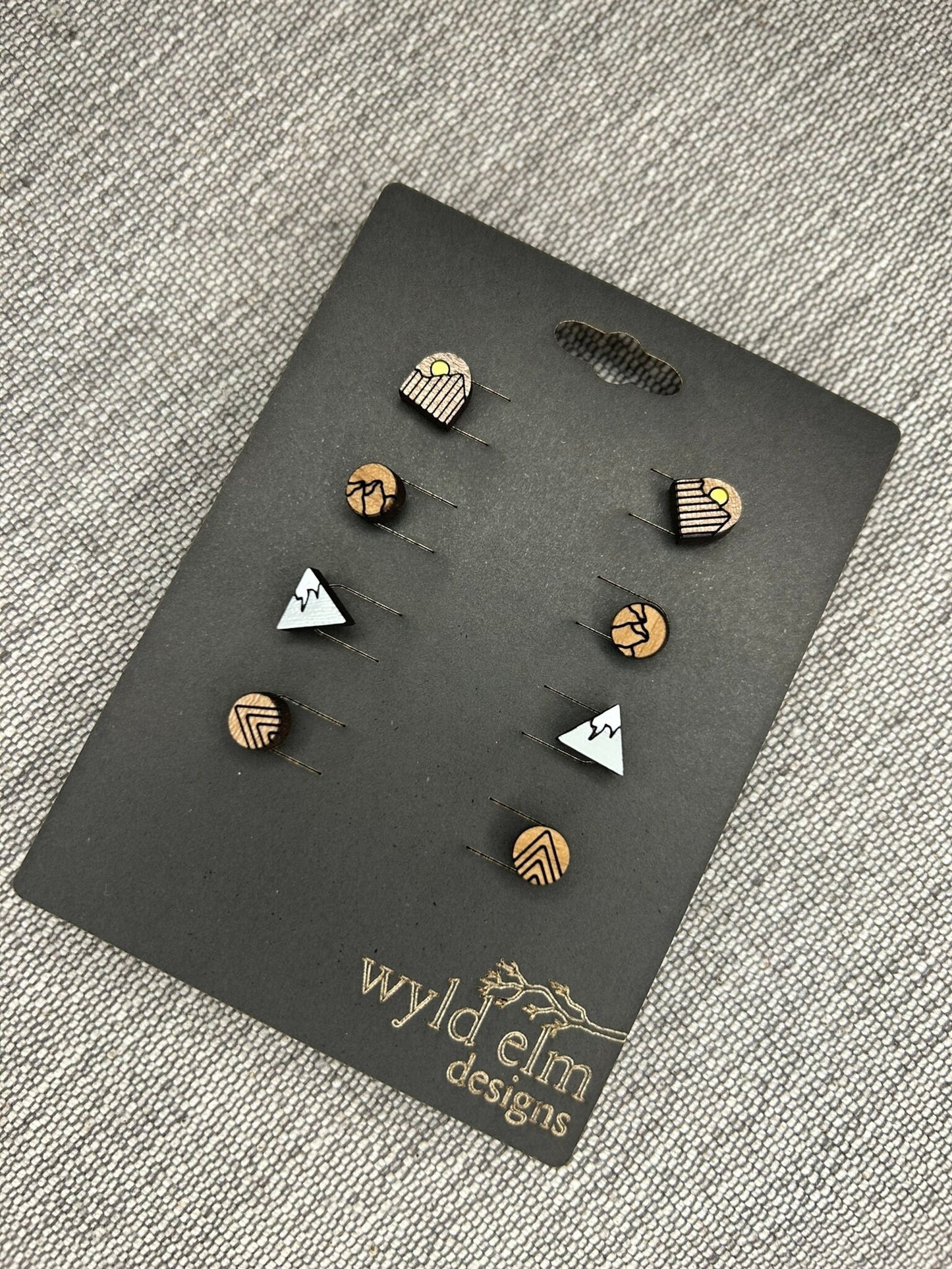 Walnut Wood Stud Earrings - Mountain Pack - Lightweight Minimalist Hypoallergenic Earrings - Tiny Hand Painted Design