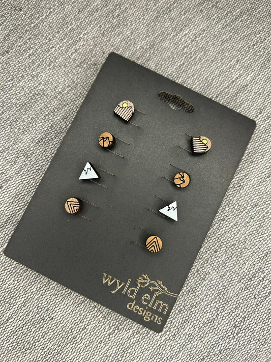 Walnut Wood Stud Earrings - Mountain Pack - Lightweight Minimalist Hypoallergenic Earrings - Tiny Hand Painted Design