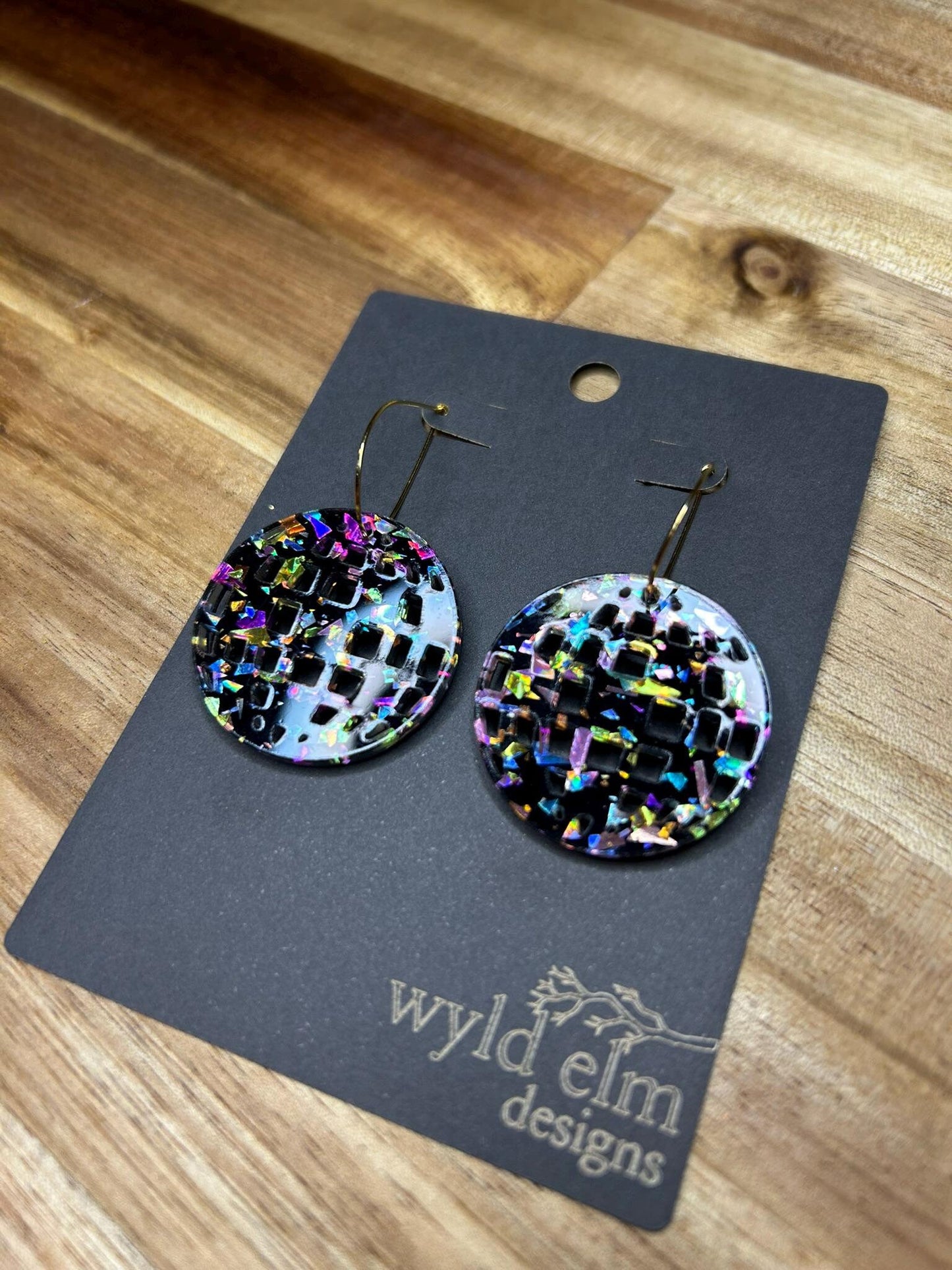 Disco Ball Black Chunky Rainbow Glitter Acrylic Earrings