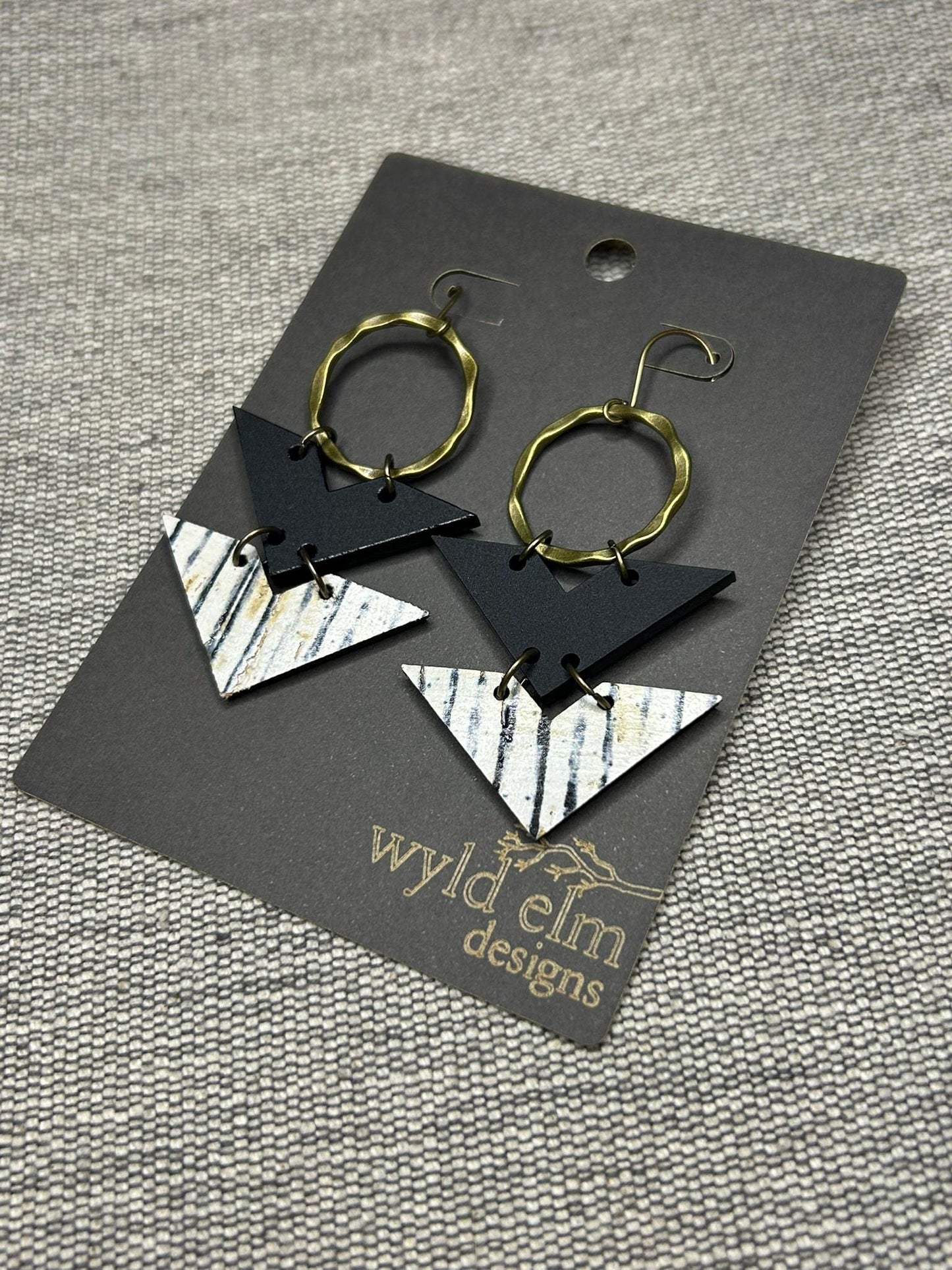 Neutral Stripe Cork Leather Triangle Earrings