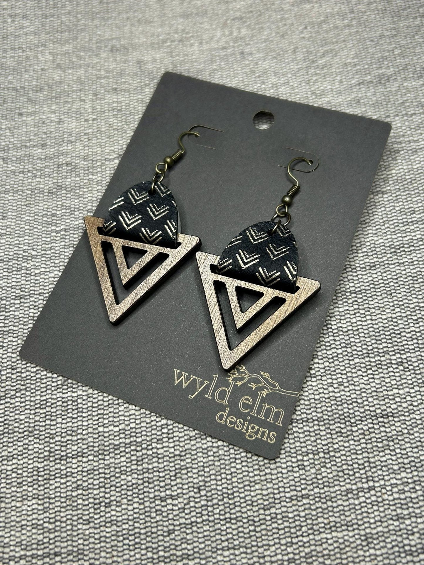 Walnut Wood Triangle Leather Engraved Earrings