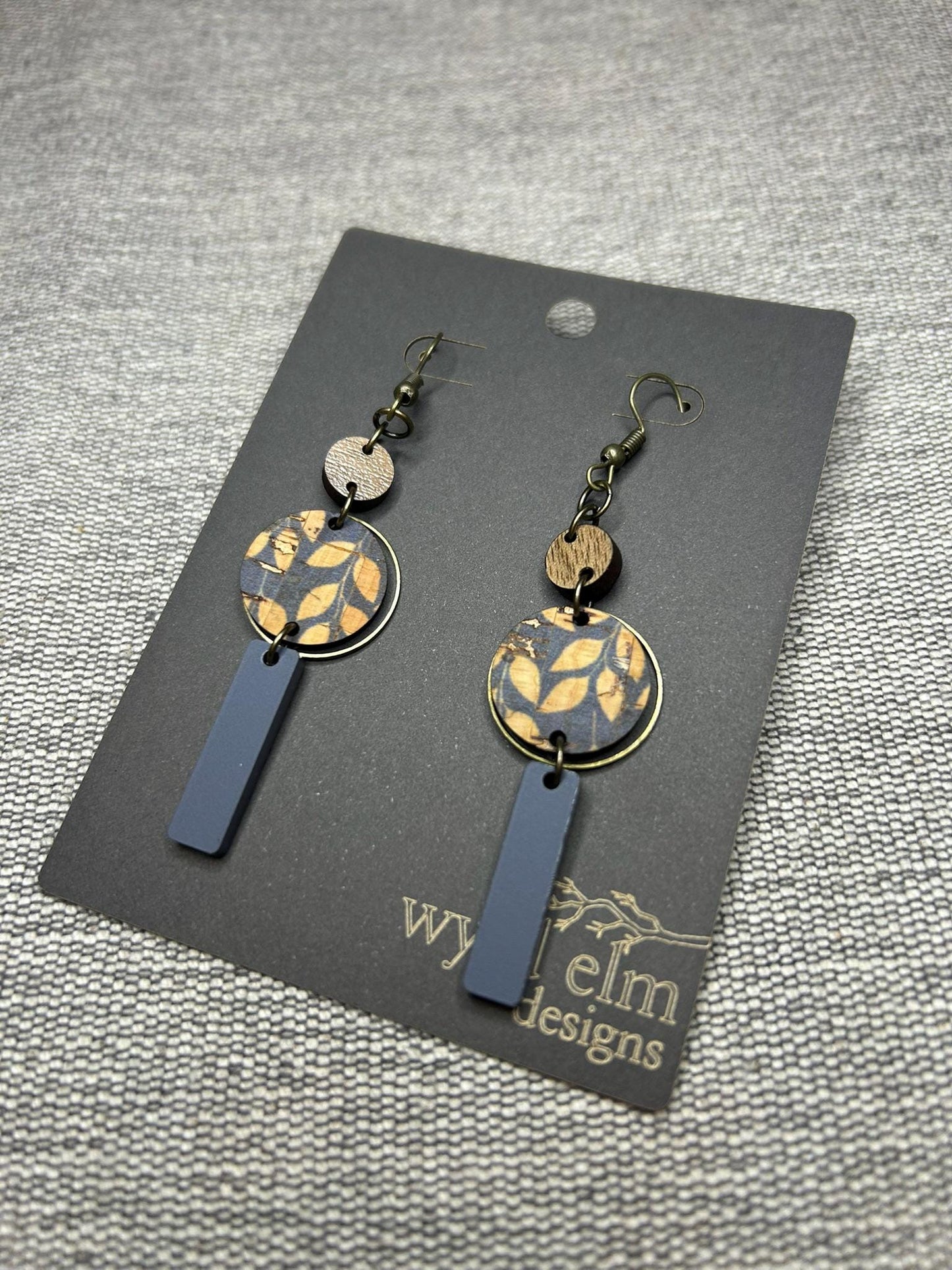 Gray Leaf Cork Leather Drop Earrings